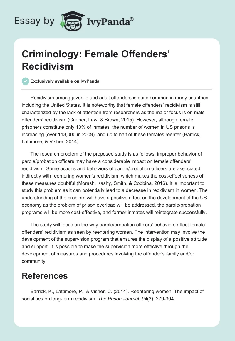Criminology: Female Offenders’ Recidivism. Page 1