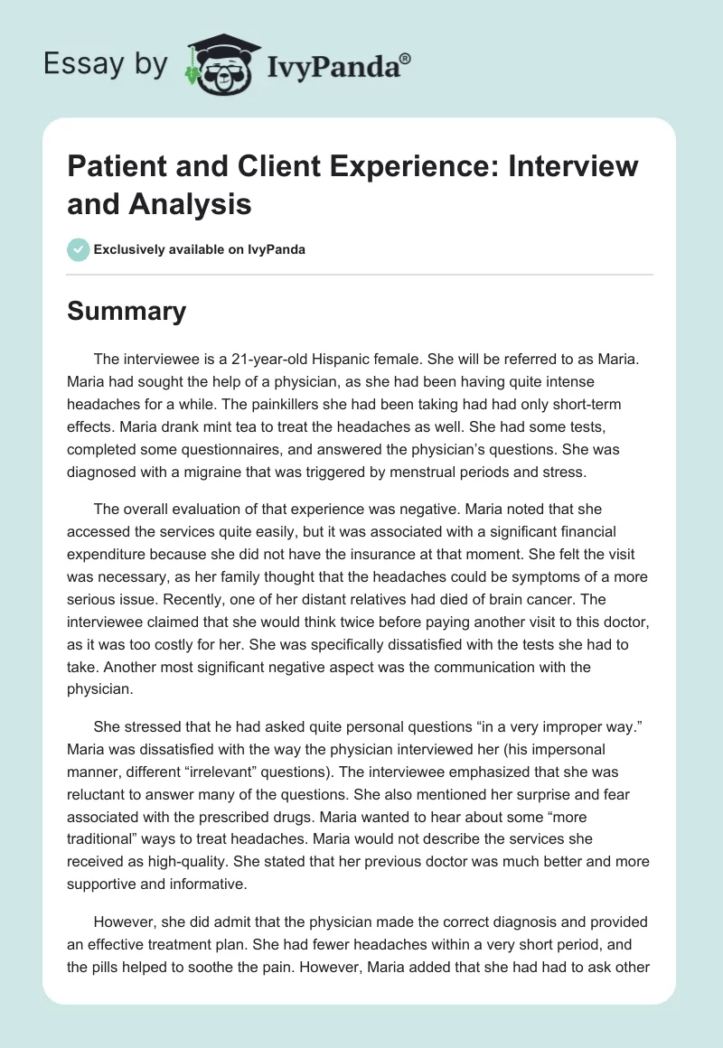 Patient and Client Experience: Interview and Analysis. Page 1