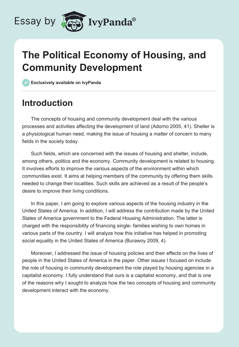The Political Economy of Housing, and Community Development. Page 1