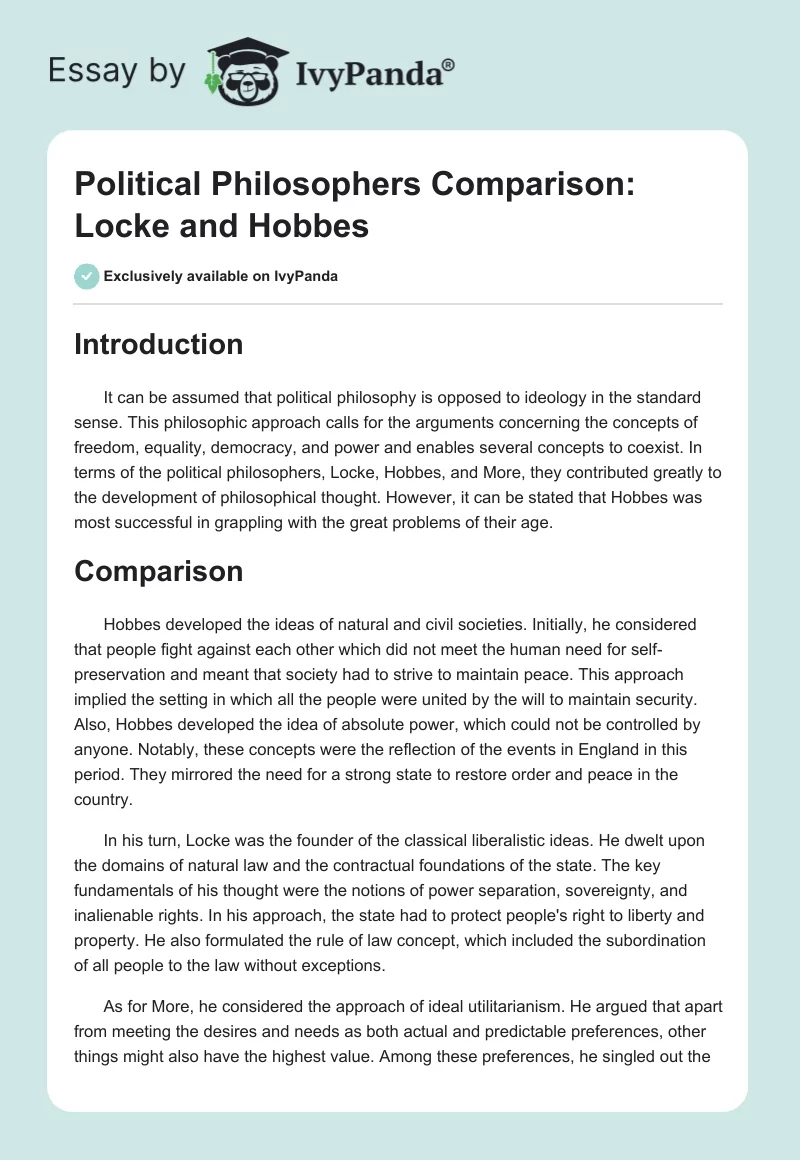 Political Philosophers Comparison: Locke and Hobbes. Page 1