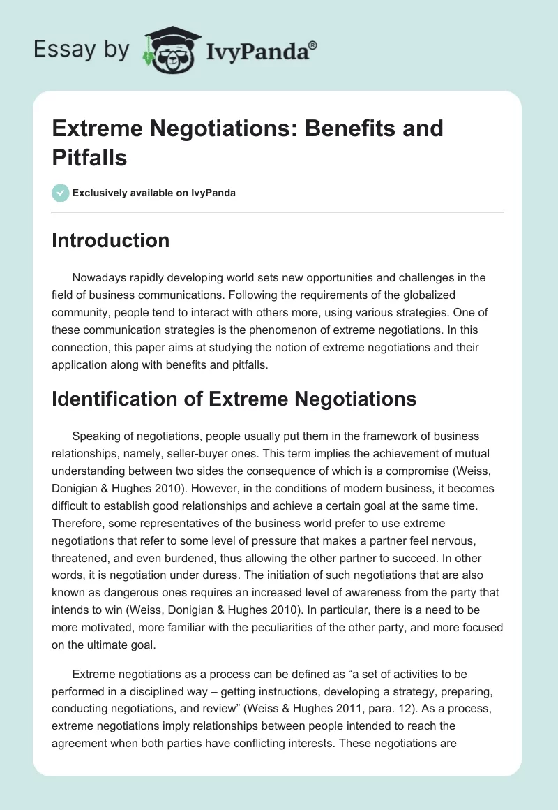 Extreme Negotiations: Benefits and Pitfalls. Page 1
