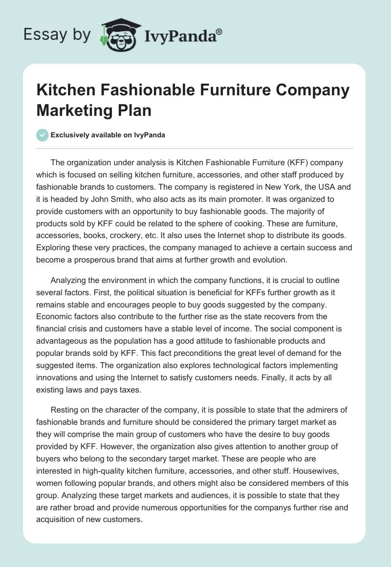 Kitchen Fashionable Furniture Company Marketing Plan. Page 1