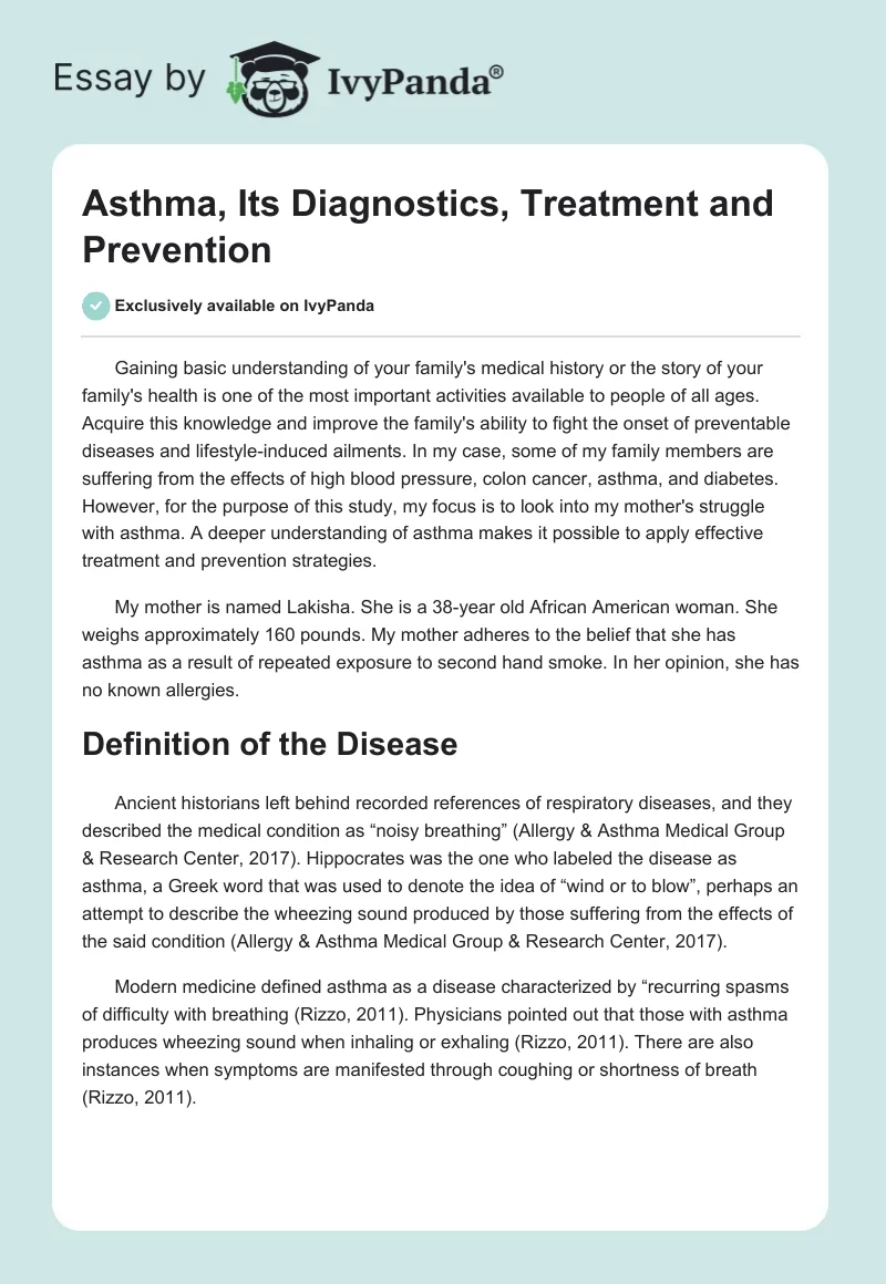 Asthma, Its Diagnostics, Treatment and Prevention. Page 1