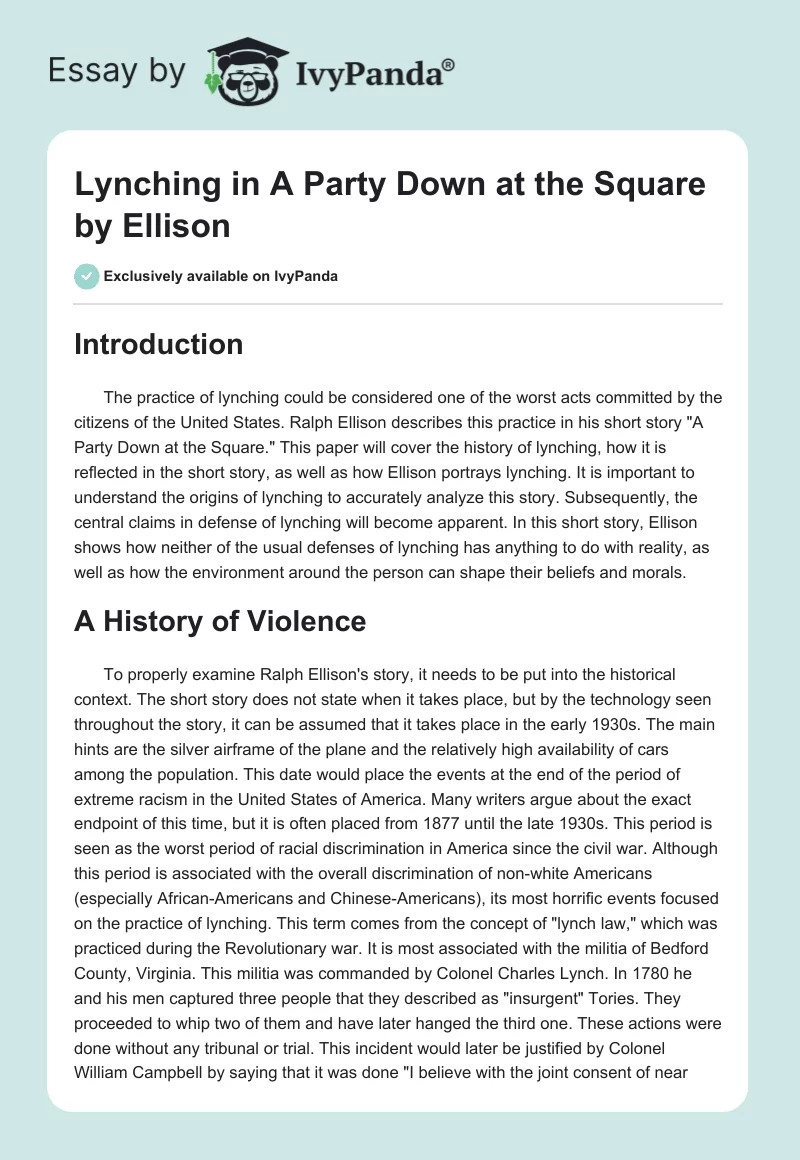 Lynching in "A Party Down at the Square" by Ellison. Page 1