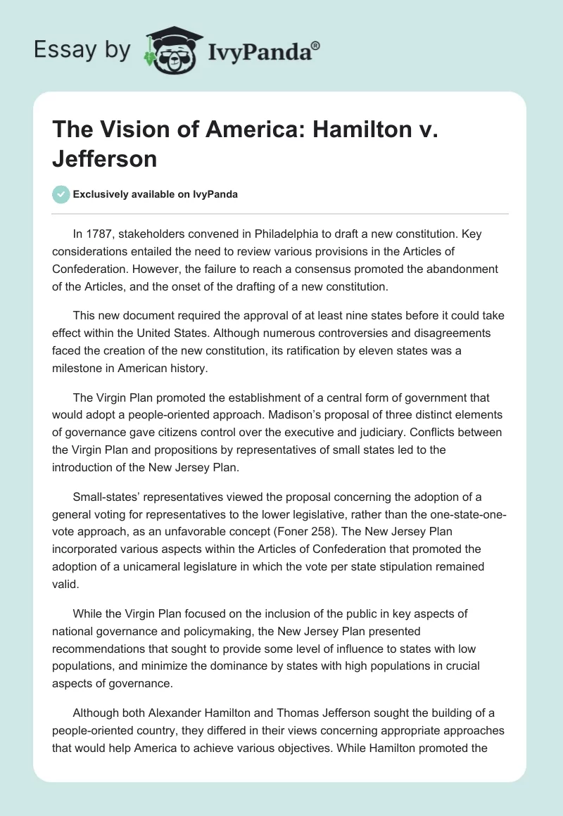 The Vision of America: Hamilton v. Jefferson. Page 1
