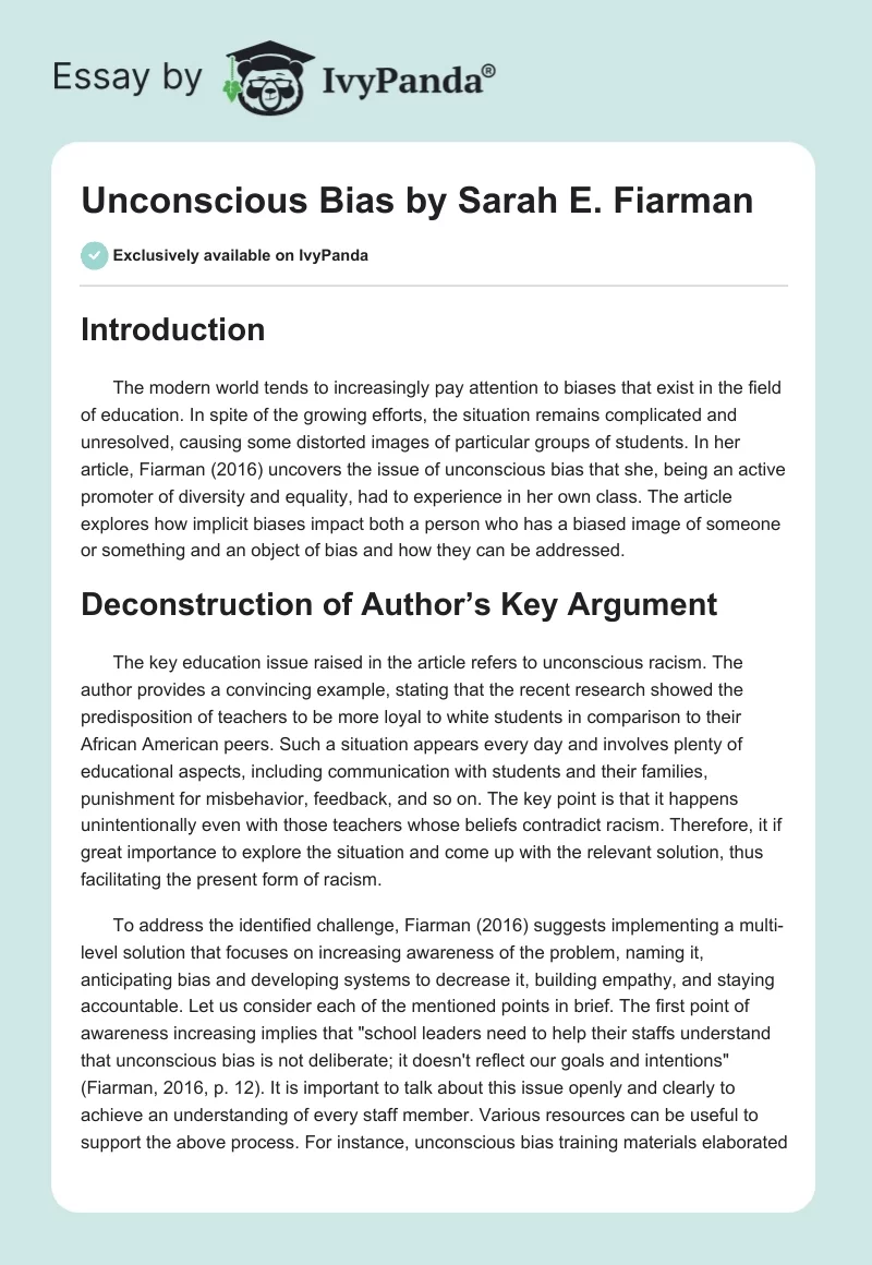 "Unconscious Bias" by Sarah E. Fiarman. Page 1