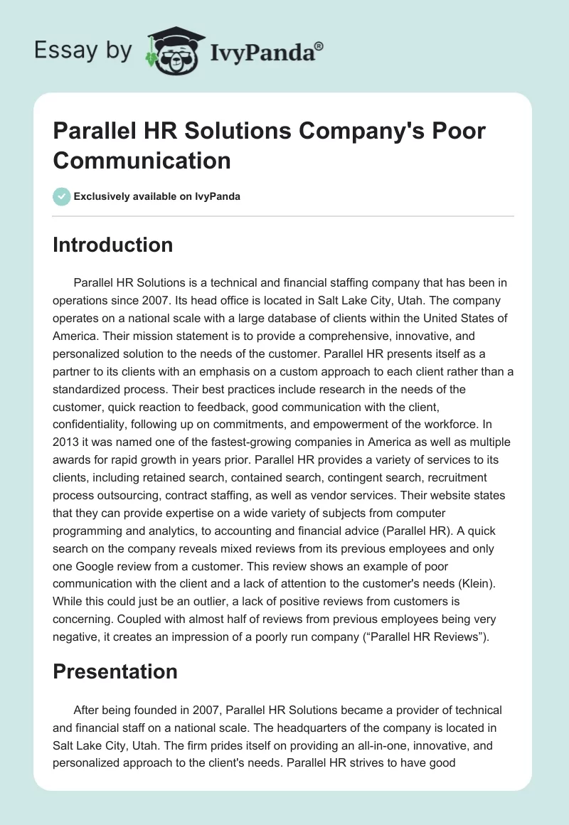 Parallel HR Solutions Company's Poor Communication. Page 1