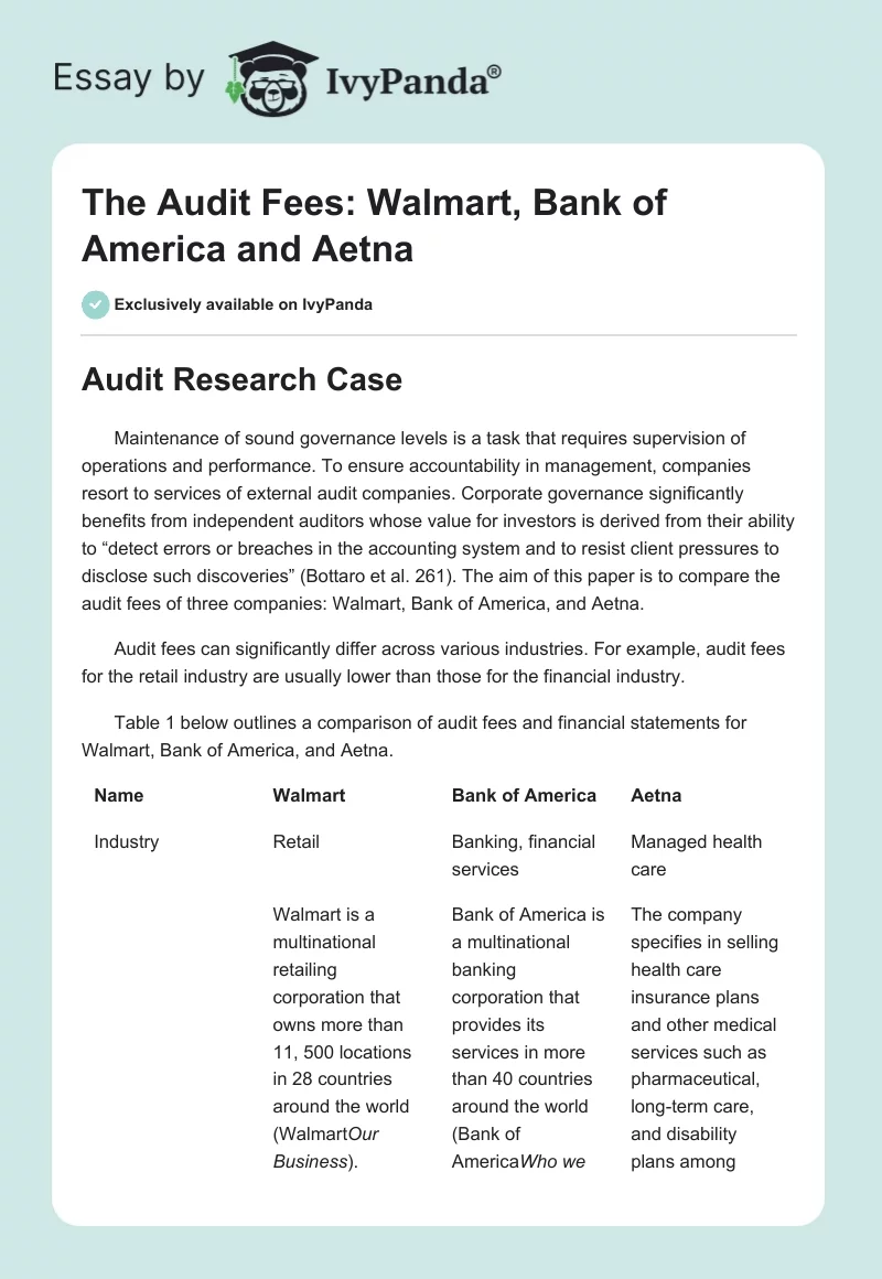 The Audit Fees: Walmart, Bank of America and Aetna. Page 1