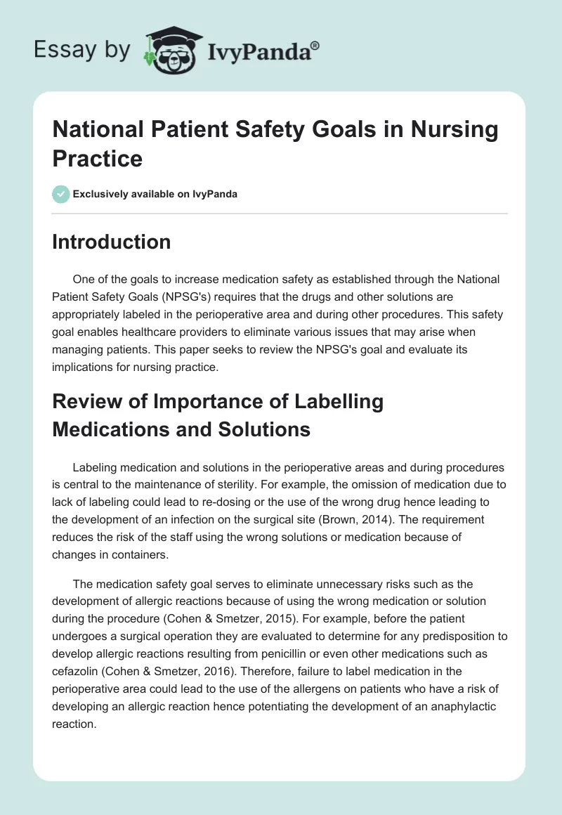 National Patient Safety Goals in Nursing Practice. Page 1