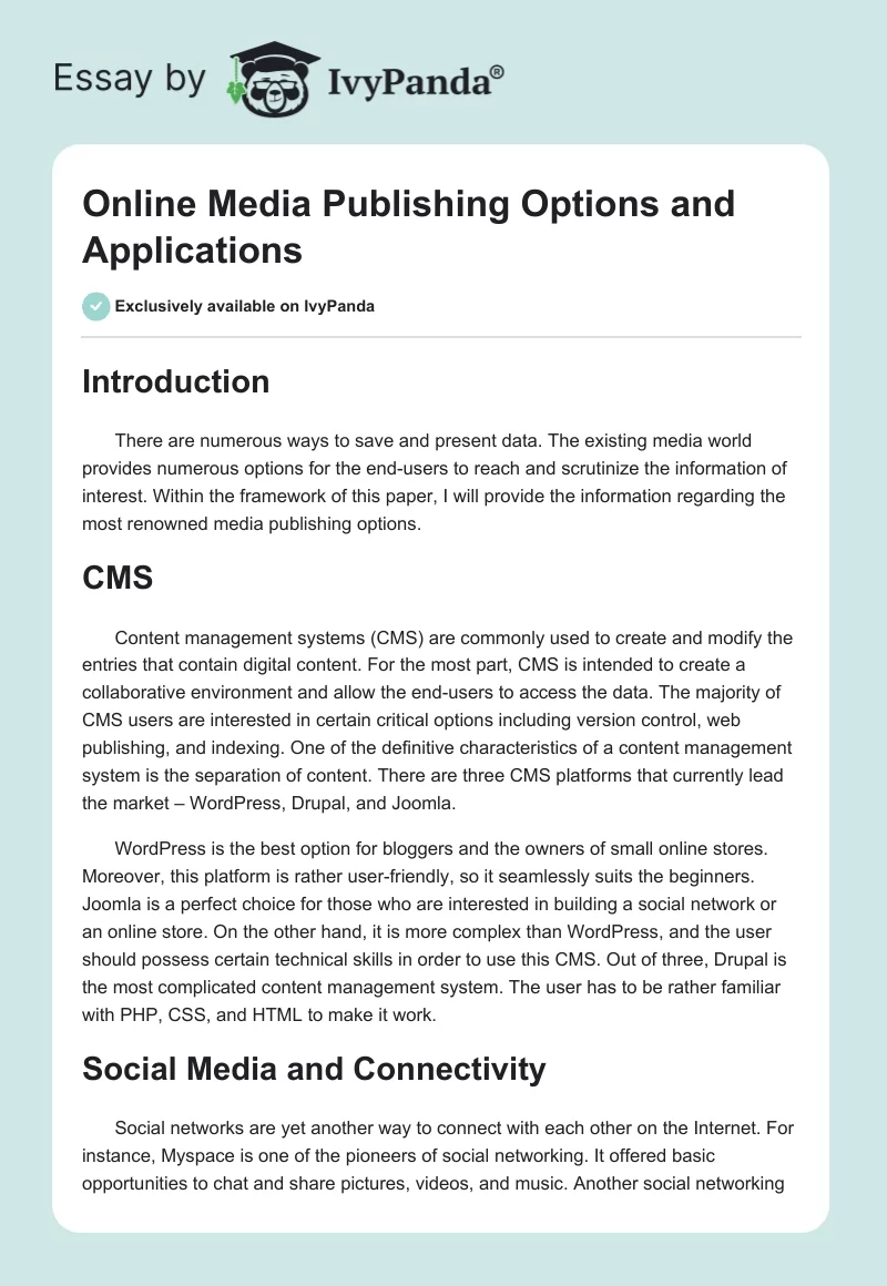 Online Media Publishing Options and Applications. Page 1