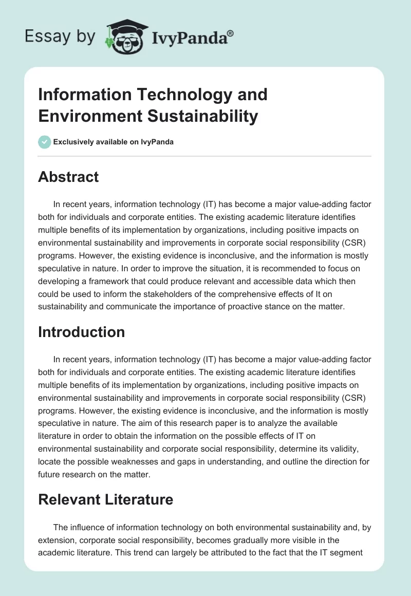 Information Technology and Environment Sustainability. Page 1