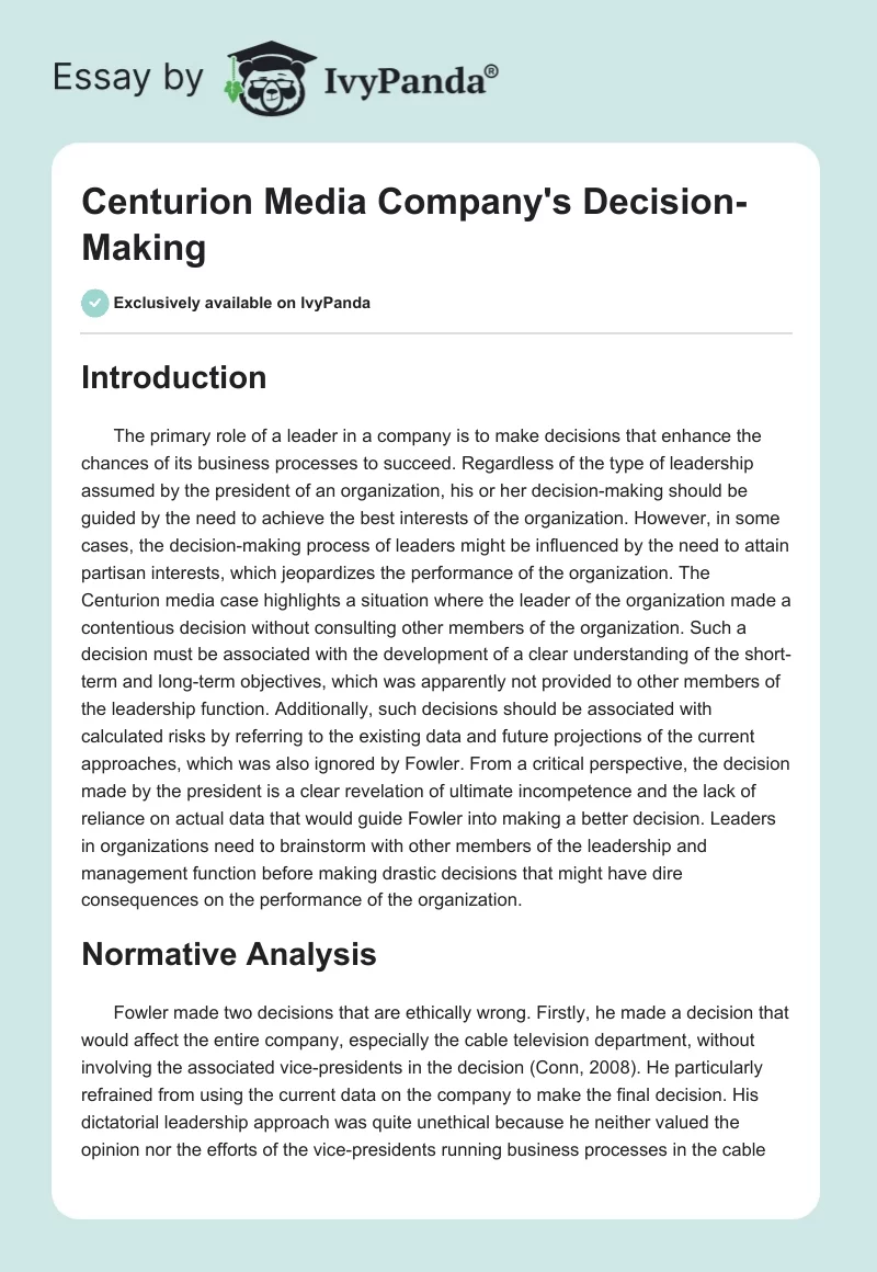 Centurion Media Company's Decision-Making. Page 1