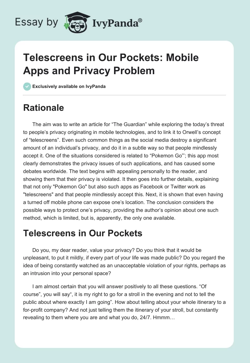 Telescreens in Our Pockets: Mobile Apps and Privacy Problem. Page 1