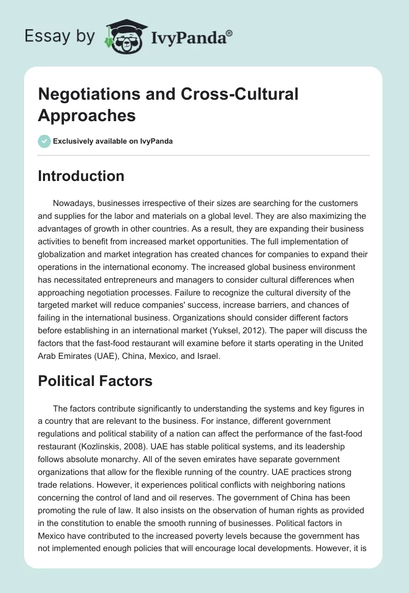 Negotiations and Cross-Cultural Approaches. Page 1