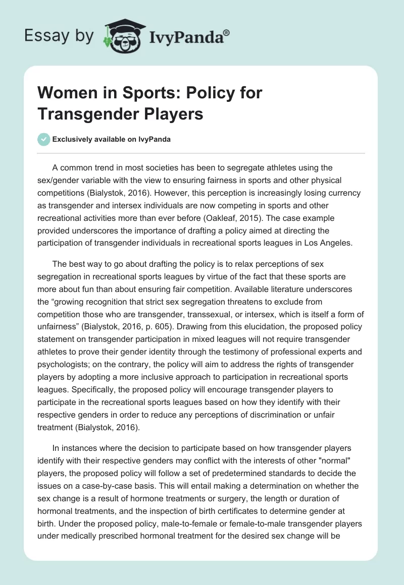 Women in Sports: Policy for Transgender Players. Page 1