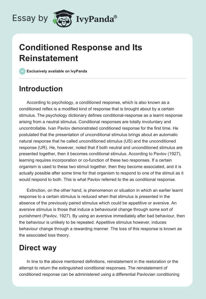 Conditioned Response and Its Reinstatement. Page 1