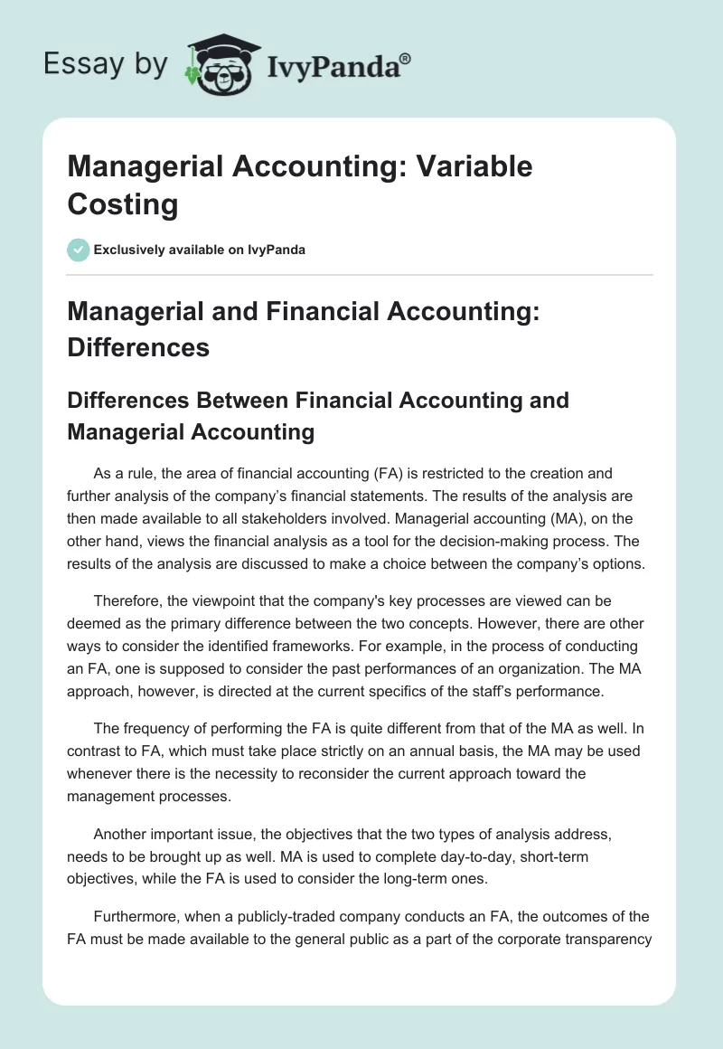 Managerial Accounting: Variable Costing. Page 1