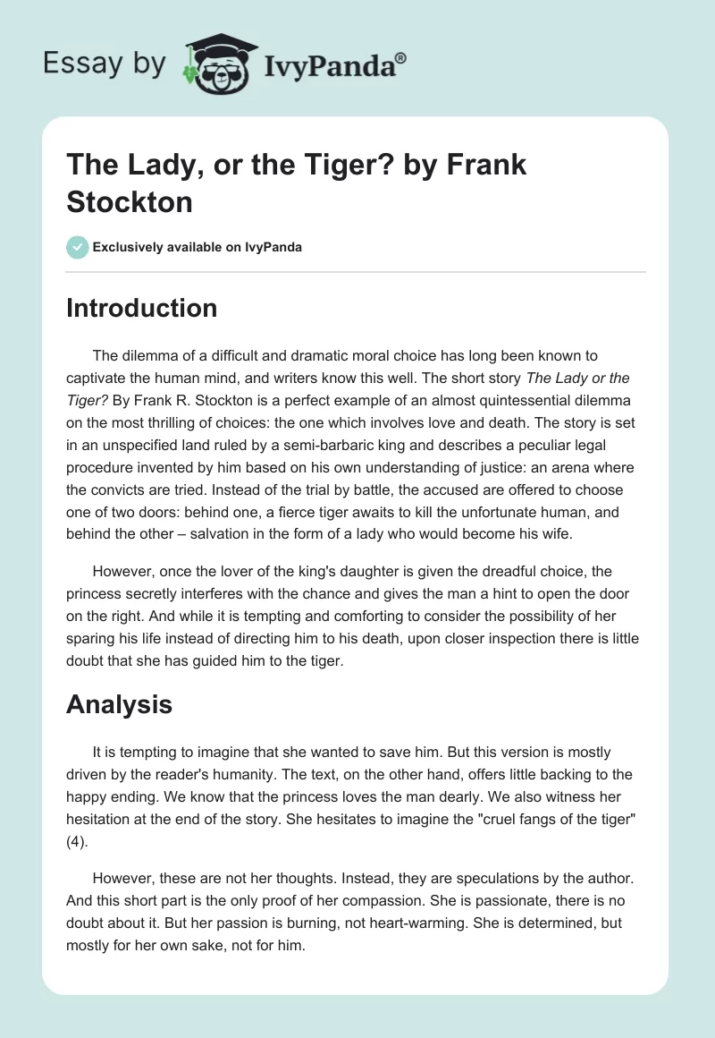 "The Lady, or the Tiger?" by Frank Stockton. Page 1