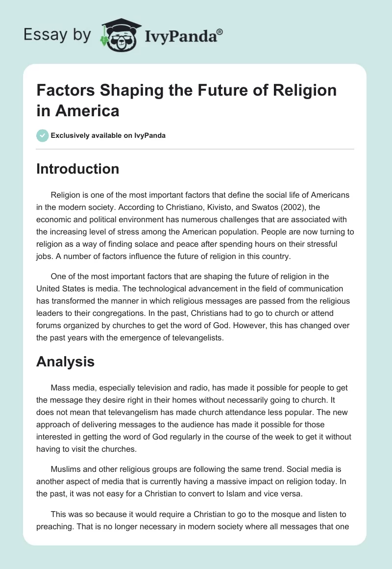 Factors Shaping the Future of Religion in America. Page 1