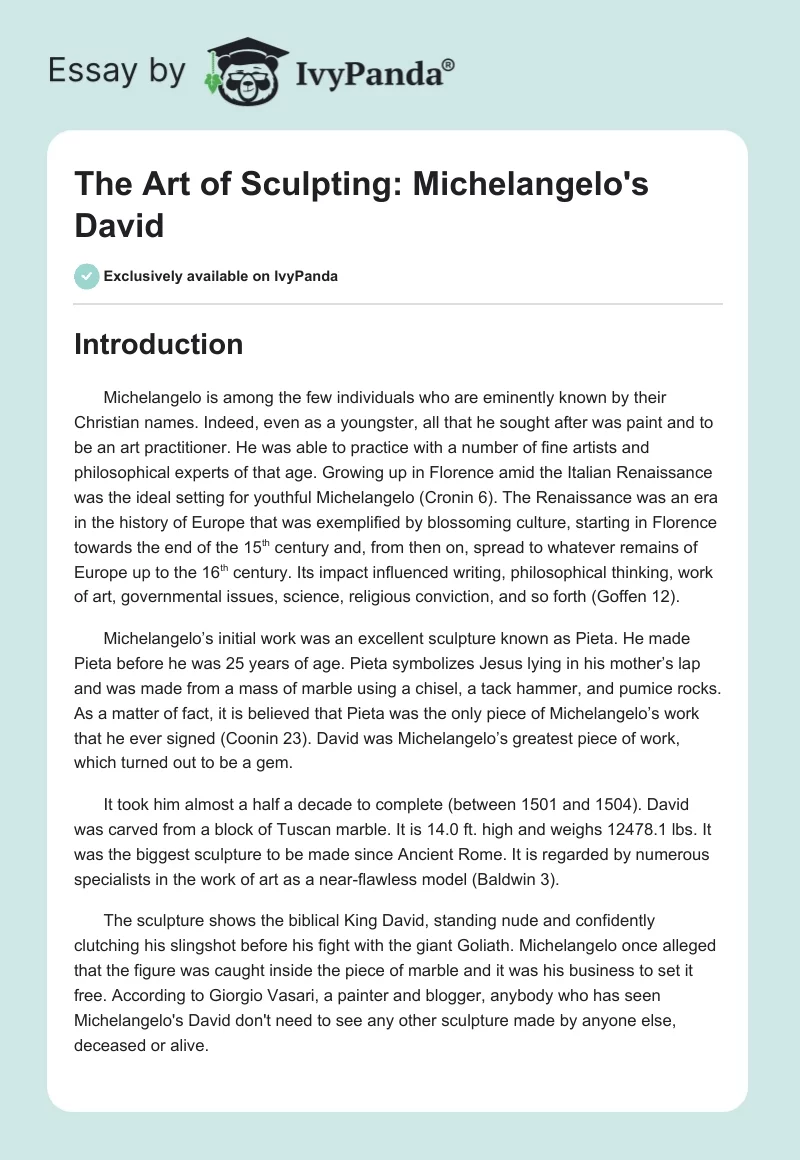 The Art of Sculpting: Michelangelo's David. Page 1