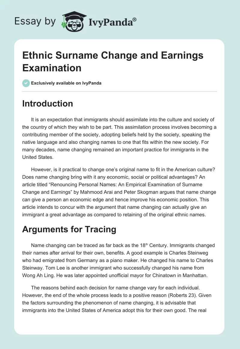 Ethnic Surname Change and Earnings Examination. Page 1