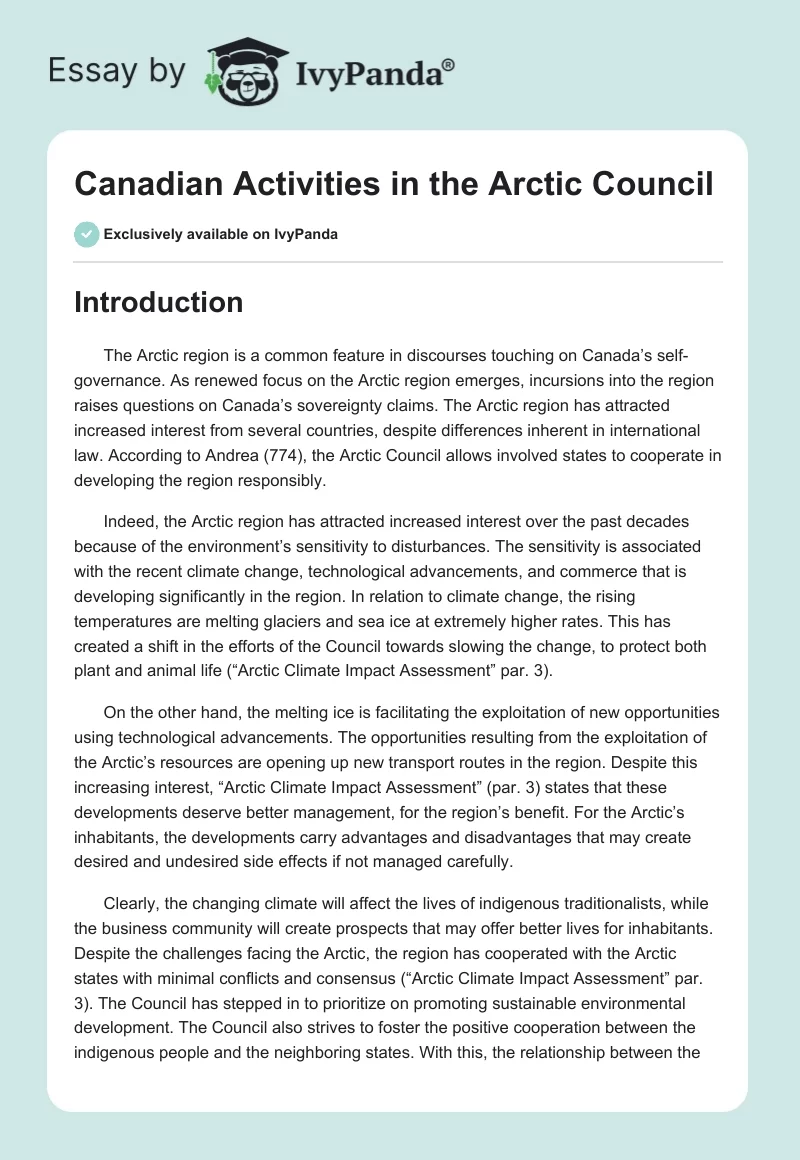 Canadian Activities in the Arctic Council. Page 1