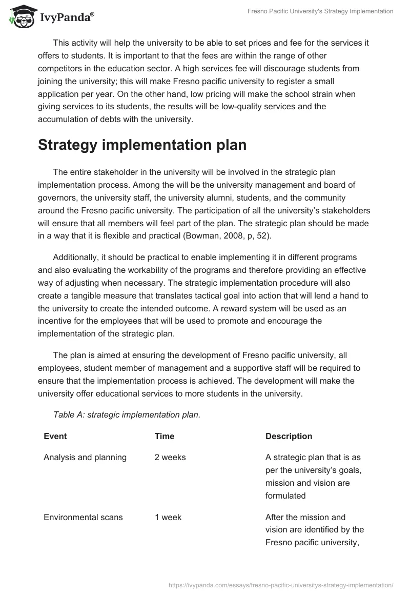 Fresno Pacific University's Strategy Implementation. Page 5