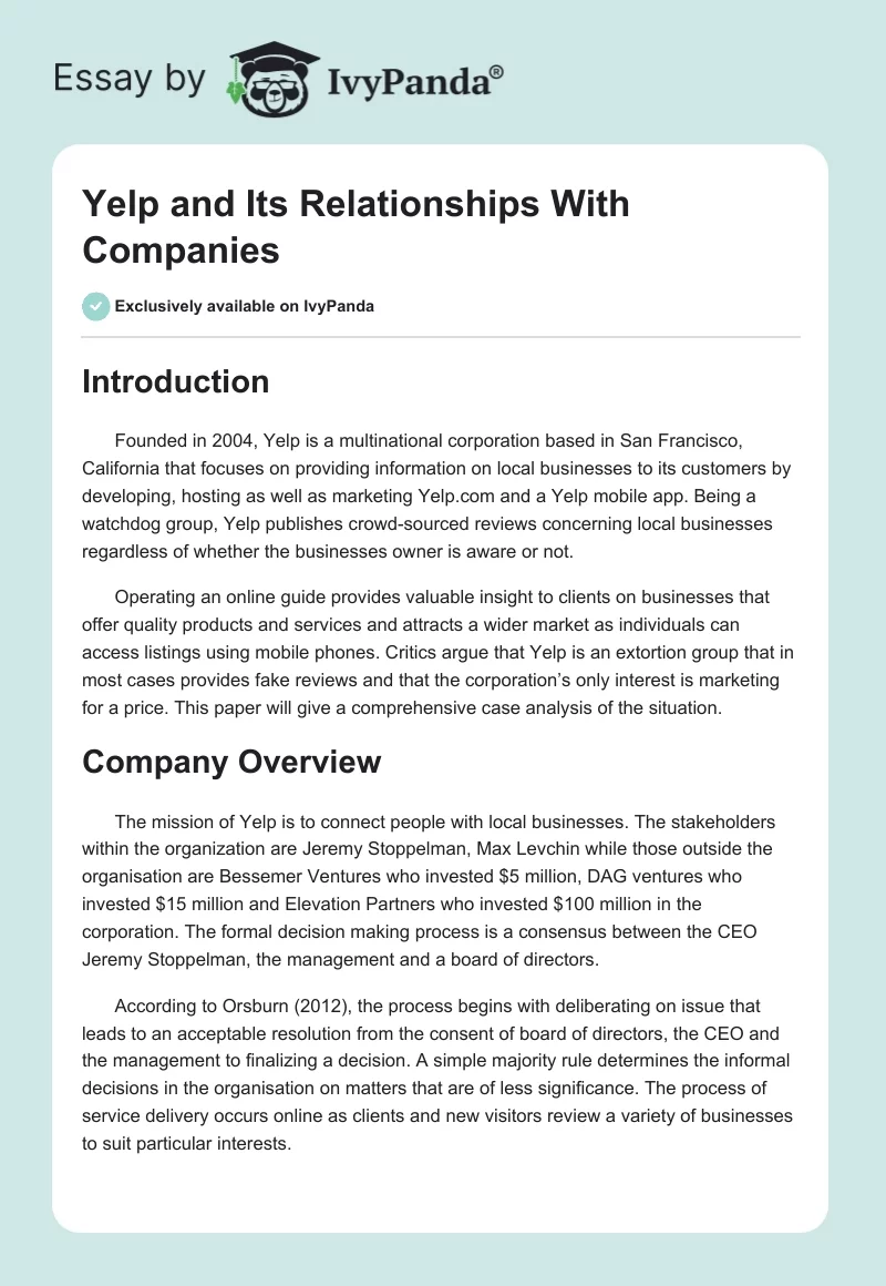 Yelp and Its Relationships With Companies. Page 1