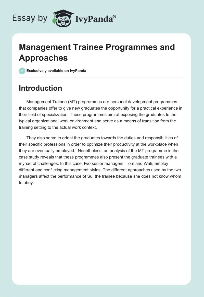 Management Trainee Programmes and Approaches. Page 1