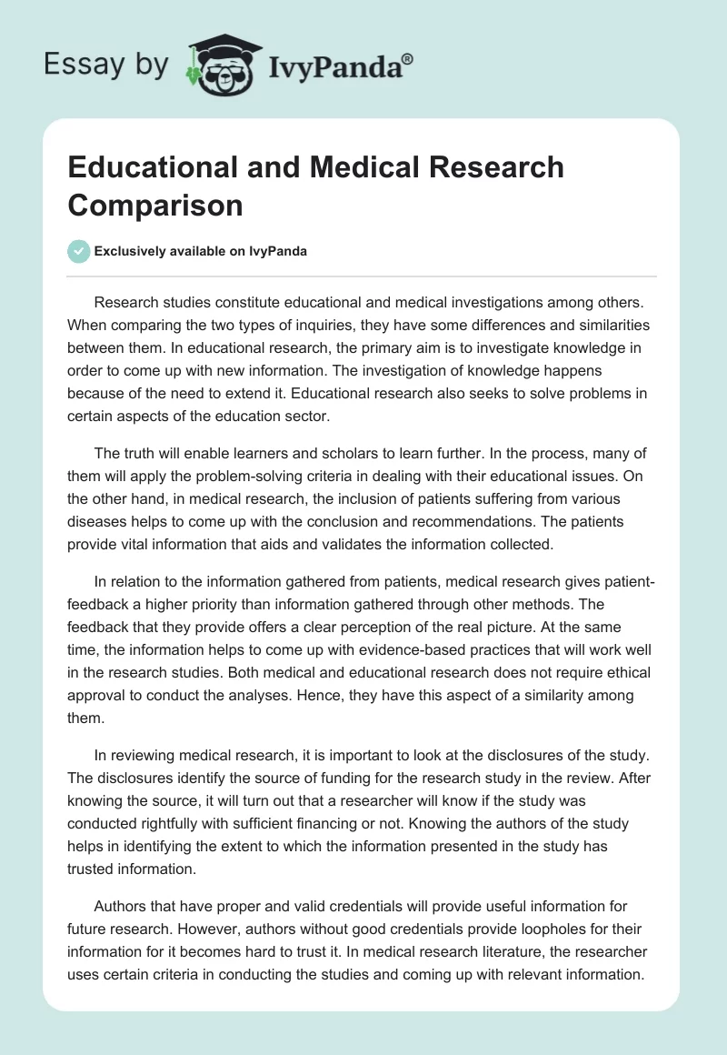 Contrasting Educational and Medical Research: Differences and Similarities. Page 1