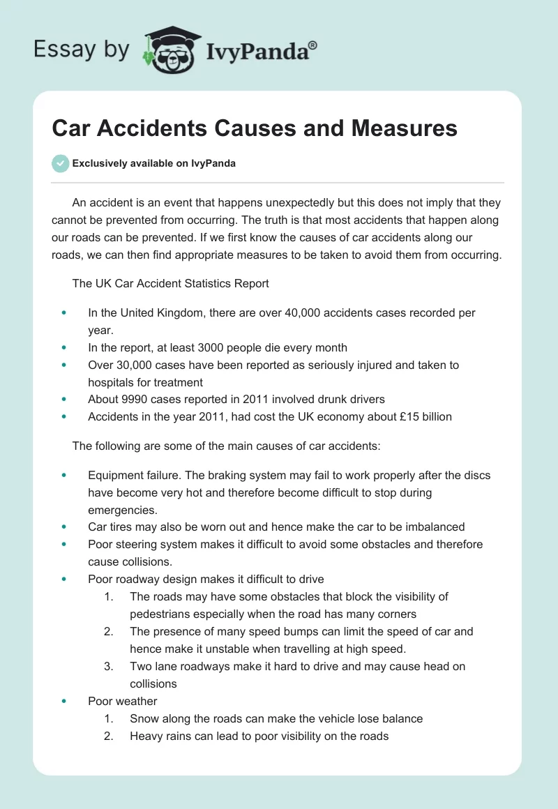 Car Accidents Causes and Measures. Page 1