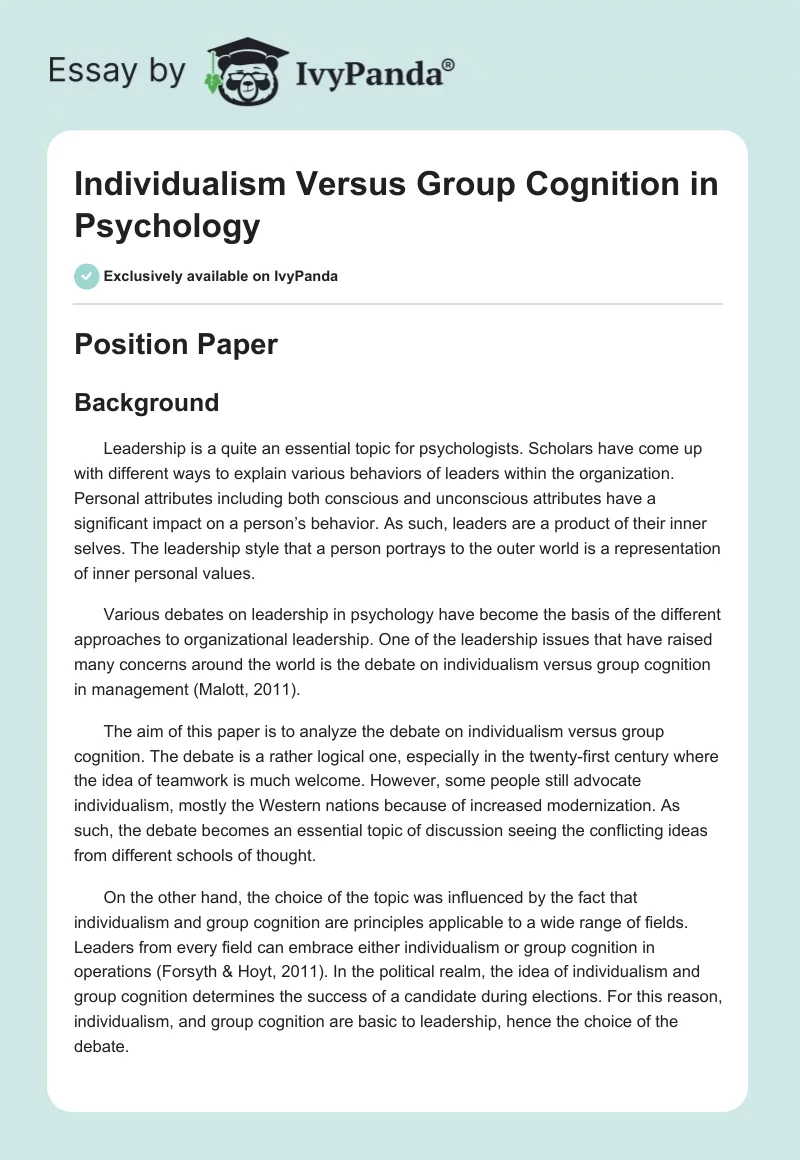 Individualism Versus Group Cognition in Psychology. Page 1
