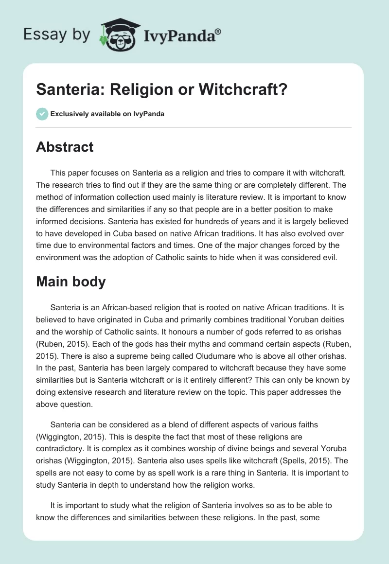 Santeria: Religion or Witchcraft?. Page 1