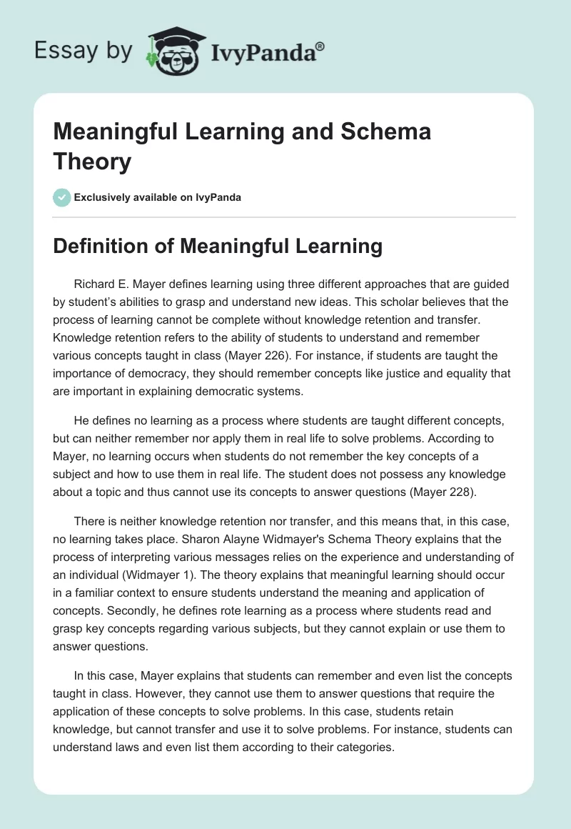 Meaningful Learning and Schema Theory. Page 1