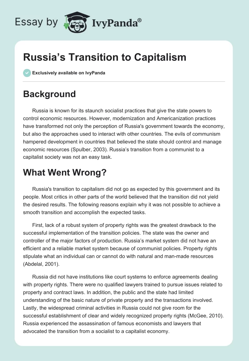 Russia’s Transition to Capitalism. Page 1