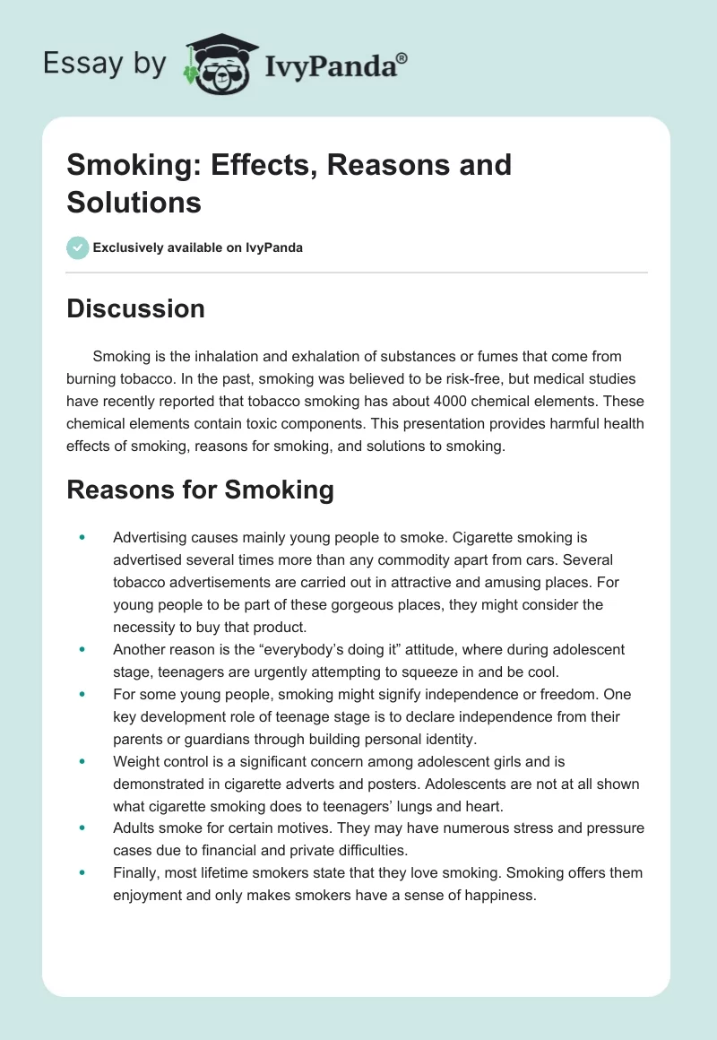 Smoking: Effects, Reasons and Solutions. Page 1