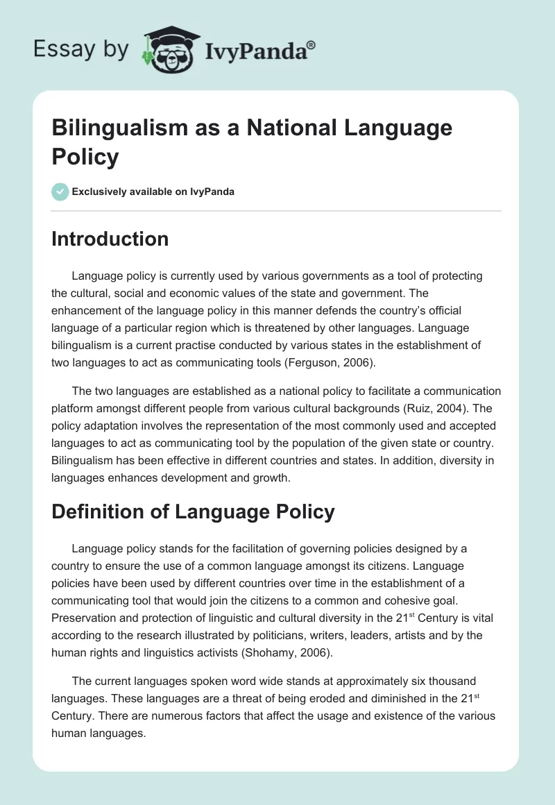 Bilingualism as a National Language Policy. Page 1