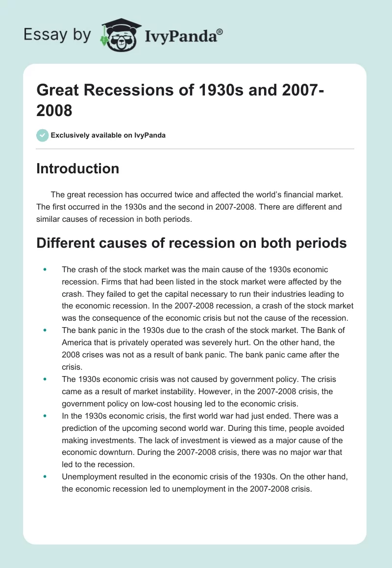 Great Recessions of 1930s and 2007-2008. Page 1