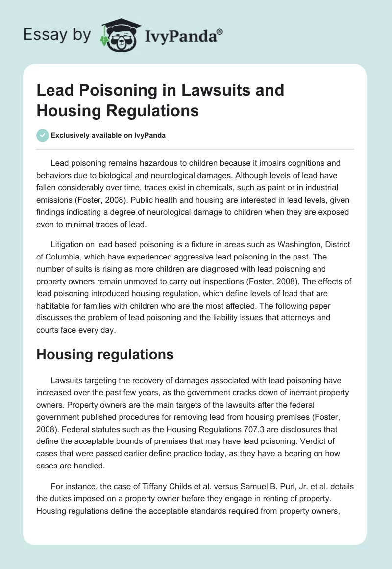 Lead Poisoning in Lawsuits and Housing Regulations. Page 1