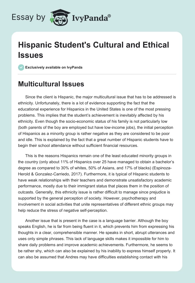 Hispanic Student's Cultural and Ethical Issues. Page 1
