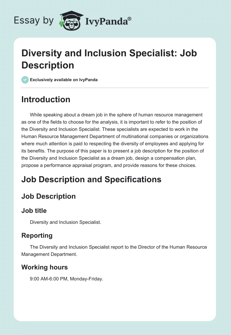 Diversity and Inclusion Specialist: Job Description. Page 1