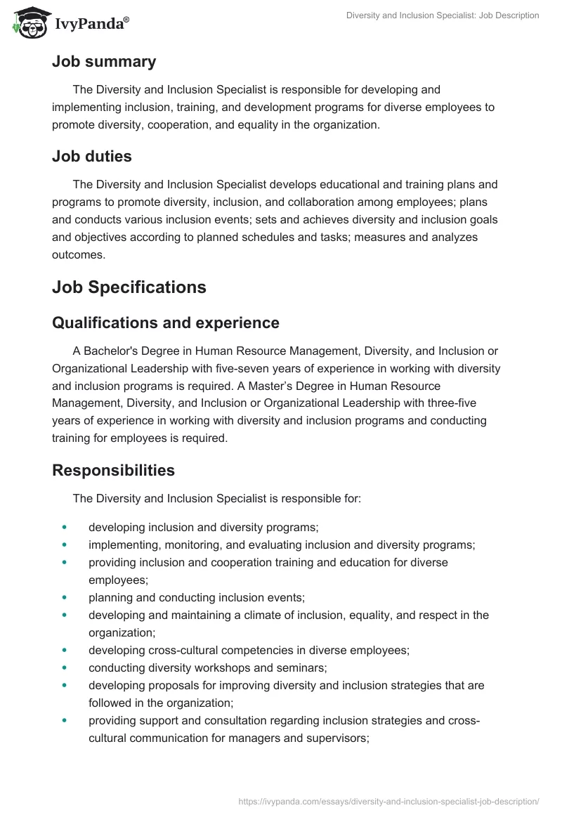Diversity and Inclusion Specialist: Job Description. Page 2