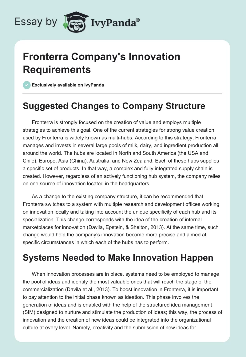 Fronterra Company's Innovation Requirements. Page 1
