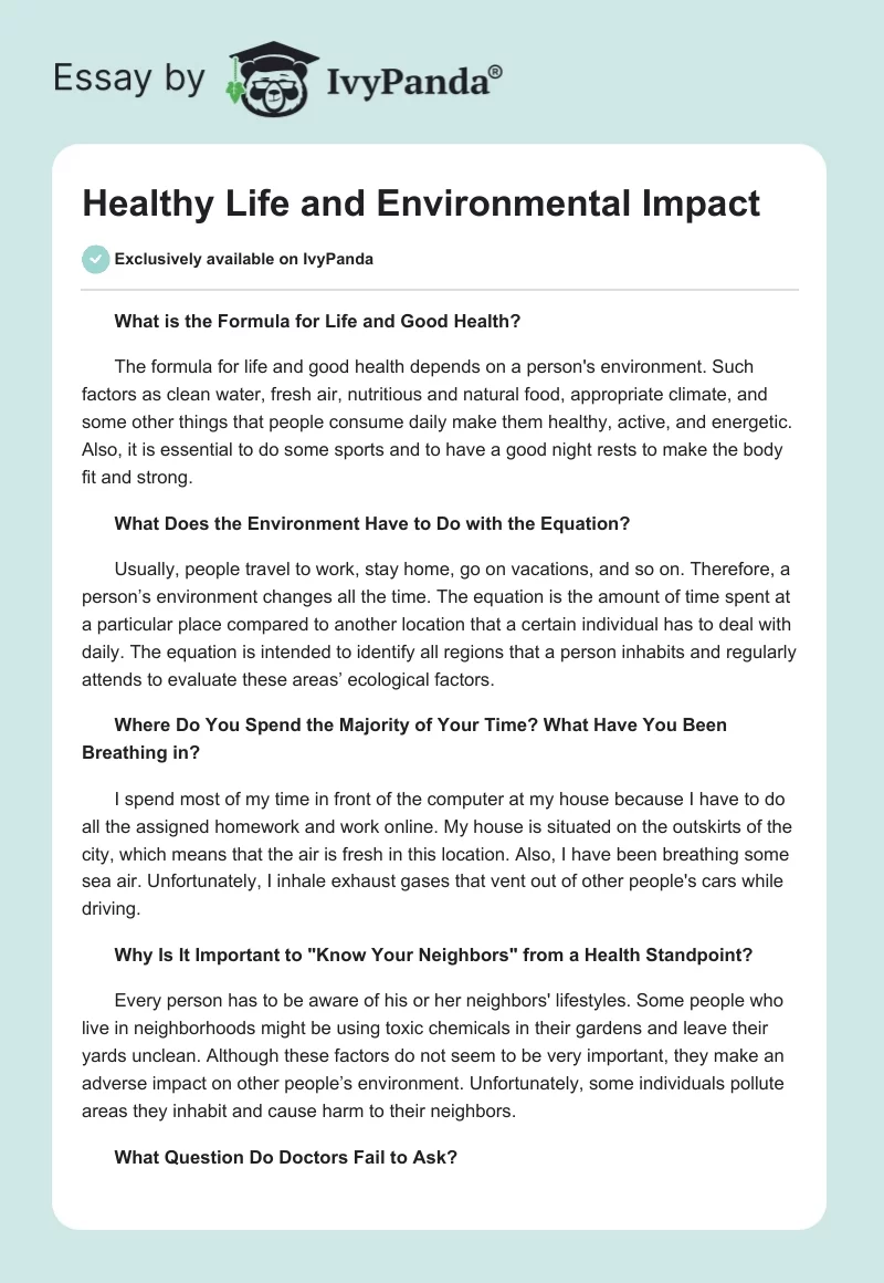 Healthy Life and Environmental Impact. Page 1
