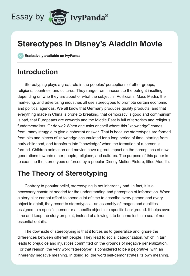 Stereotypes in Disney's "Aladdin" Movie. Page 1