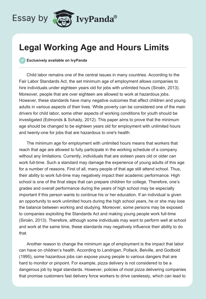 Legal Working Age and Hours Limits. Page 1