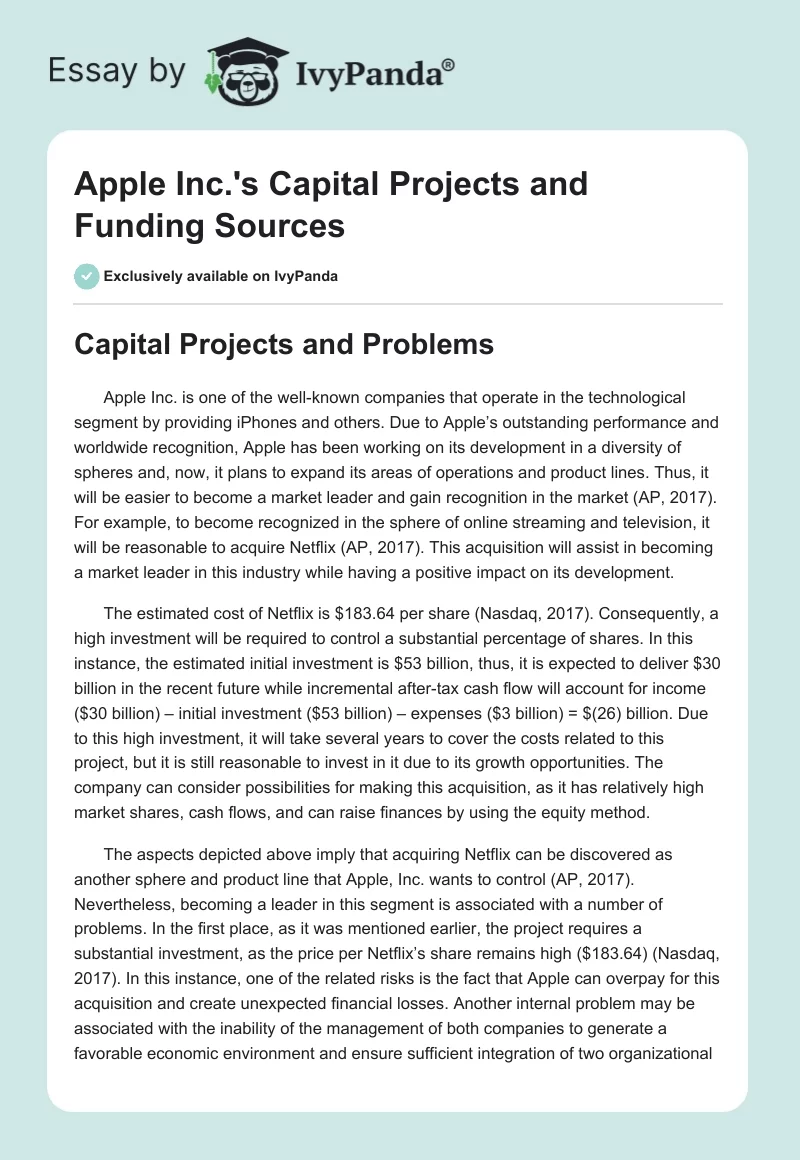 Apple Inc.'s Capital Projects and Funding Sources. Page 1