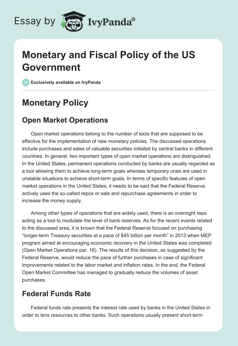 Monetary and Fiscal Policy of the US Government. Page 1