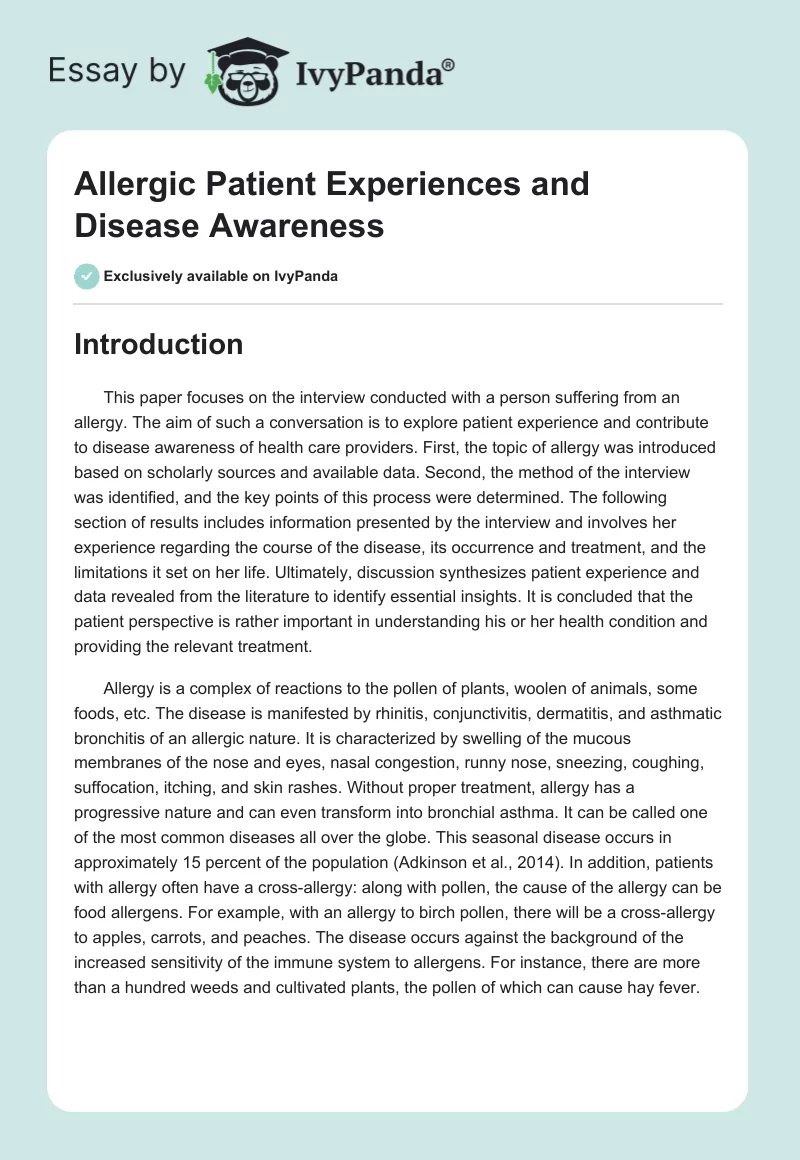 Allergic Patient Experiences and Disease Awareness. Page 1