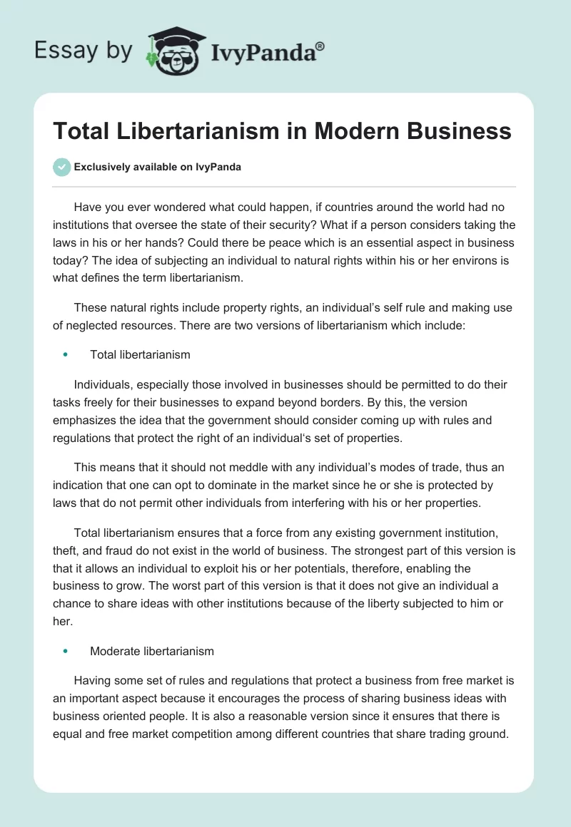 Total Libertarianism in Modern Business. Page 1
